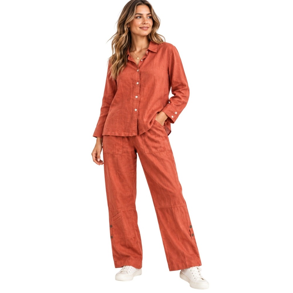 Chico's 100% Linen 2 Piece Set Rust Orange Button Down & Cargo Pants Size 2